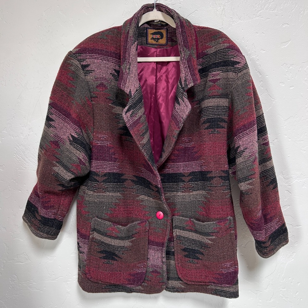 Vtg Wool Southwestern Jacket Women XL Boxy Western Aztec Equestrian Americana